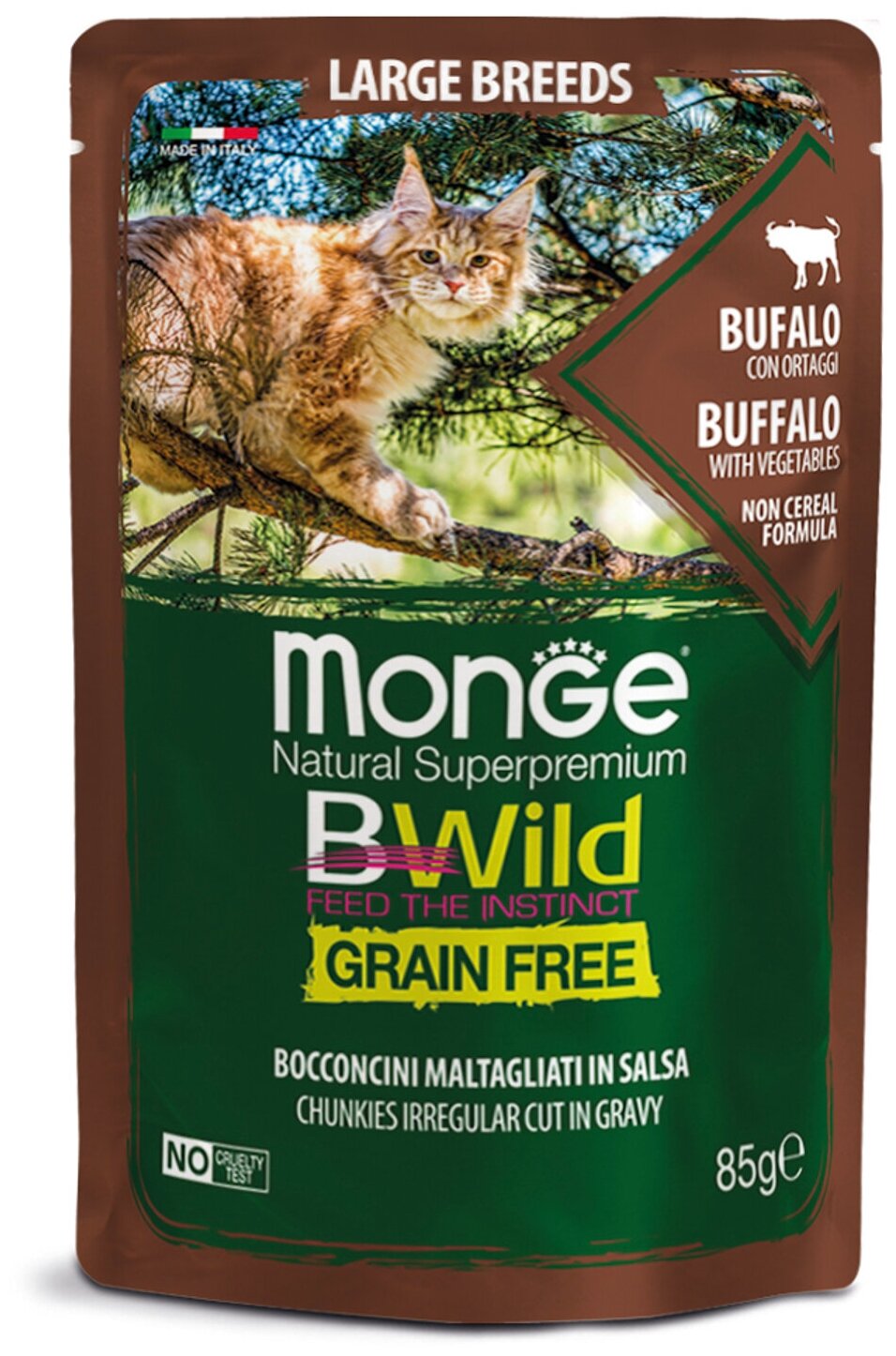 Monge Cat BWild Grain Free Влажный беззерновой корм для кошек крупных пород, Буйвол и Овощи 85г