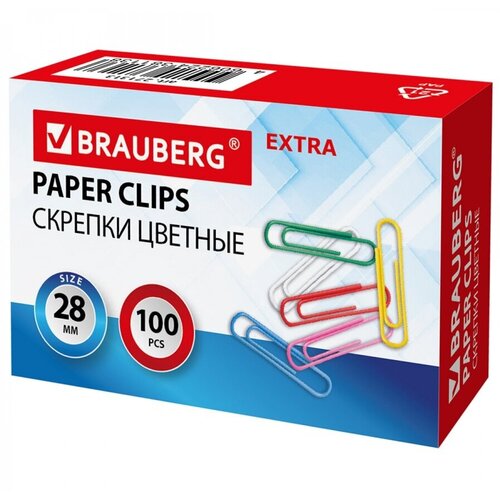 Скрепки Brauberg Extra (28мм, металлические, цветные) 100шт. (271313)