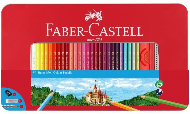 Карандаши цветные Faber-Castell "Замок", 60цв, шестигр, заточ.+2ч/г кар. Grip+ластик+точилка, метал. коробка