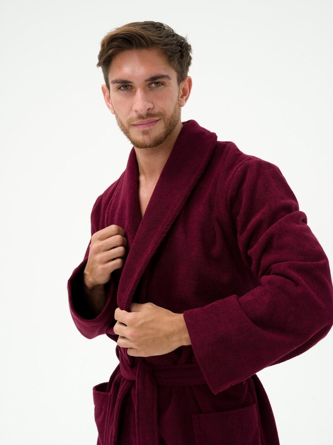Мужской махровый халат с шалькой, темно-бордовый - фотография № 5