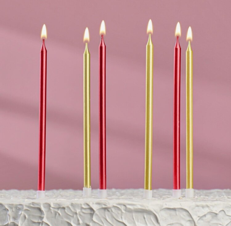 Свечи в торт "Радость", 6 шт, высокие, 13 см, бордовые и золотые 4710823