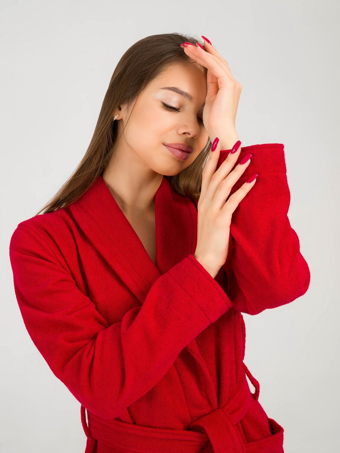 Женский махровый халат с шалькой, красный - фотография № 5