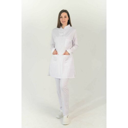 Медицинский костюм женский, удлиненный на кнопках, белый, стрейч, до больших размеров, Сizgimedikal Uniforma, Турция