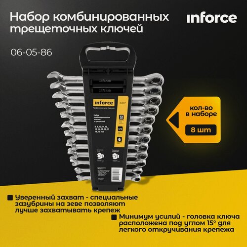 Изображение товара Набор комбинированных трещоточных ключей (8,10,11,12,13,14,17,19 мм) Inforce Cr-V 72 зуба