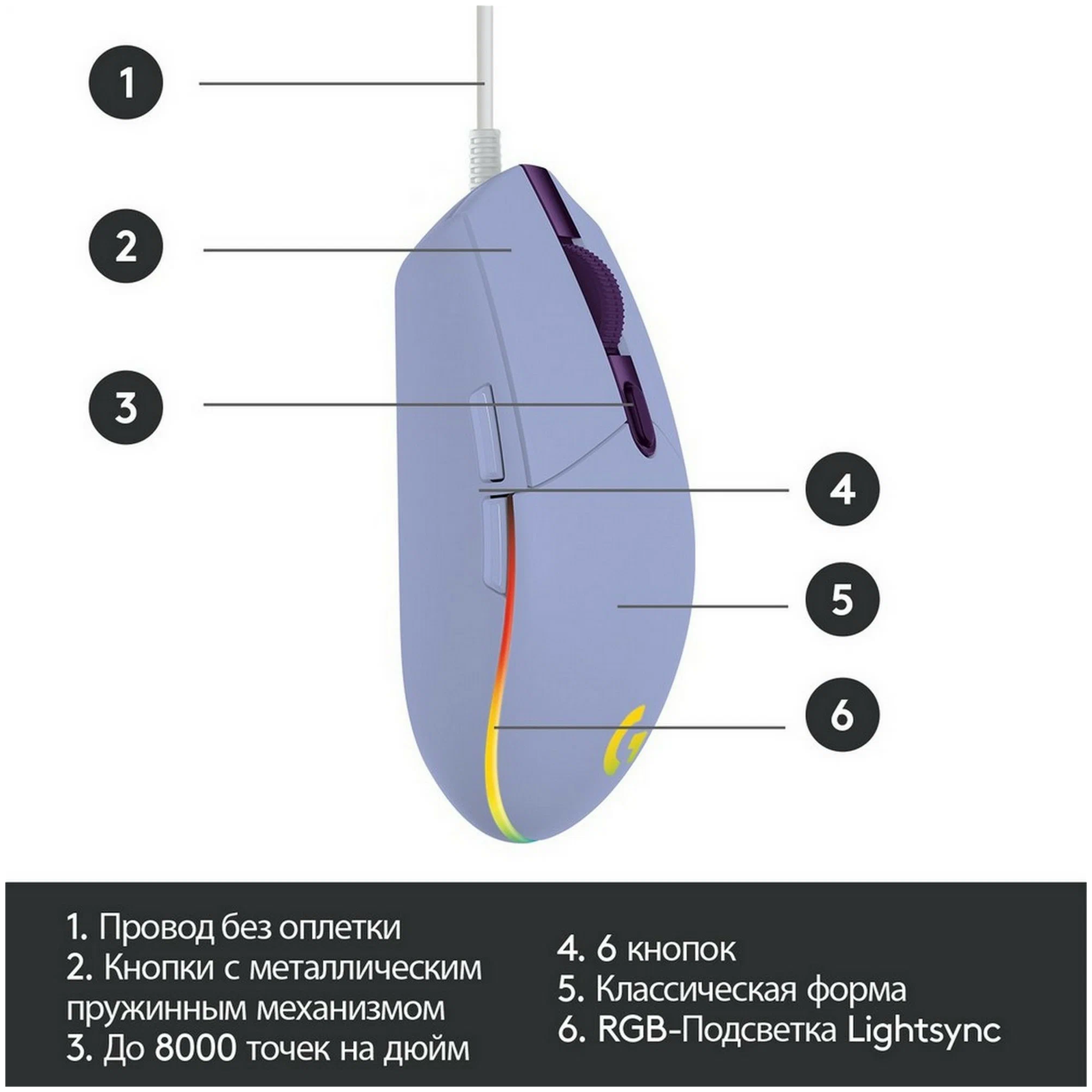 Мышь проводная Logitech G102 LIGHTSYNC [910-005857] фиолетовый — фото 1