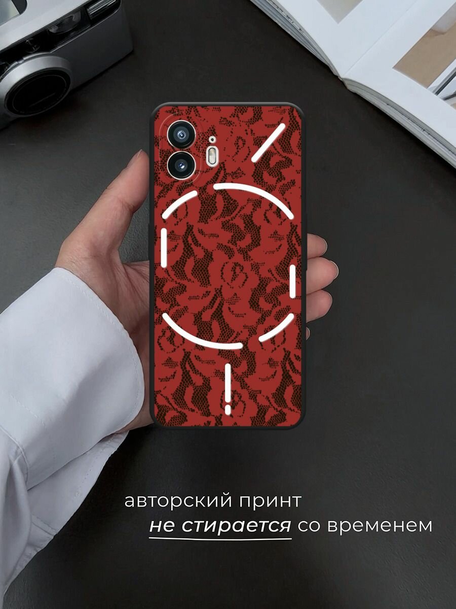 Черный матовый чехол на Nothing Phone 2 / Нафинг Фон 2 с принтом Красные кружева цветов — фото 1
