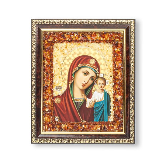 Икона БМ Казанская янтарная выкладка икона из янтаря богоматерь