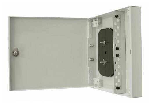 Кросс оптический настенный с дверцей, с замком TELCORD КН-16 16-ST/SM-16-ST/UPC-SM-1-КУ-GY 350х305х60 мм, 16 адаптеров ST/SM, 16 пигтейлов ST/UPC SM (