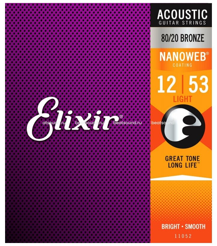 Elixir 11052 NANOWEB Комплект струн для акустической гитары, Light, бронза 80/20, 12-53