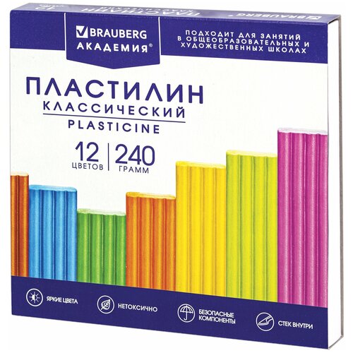 Пластилин классический BRAUBERG академия классическая 12 цветов 240 г стек высшее качество, 8 шт