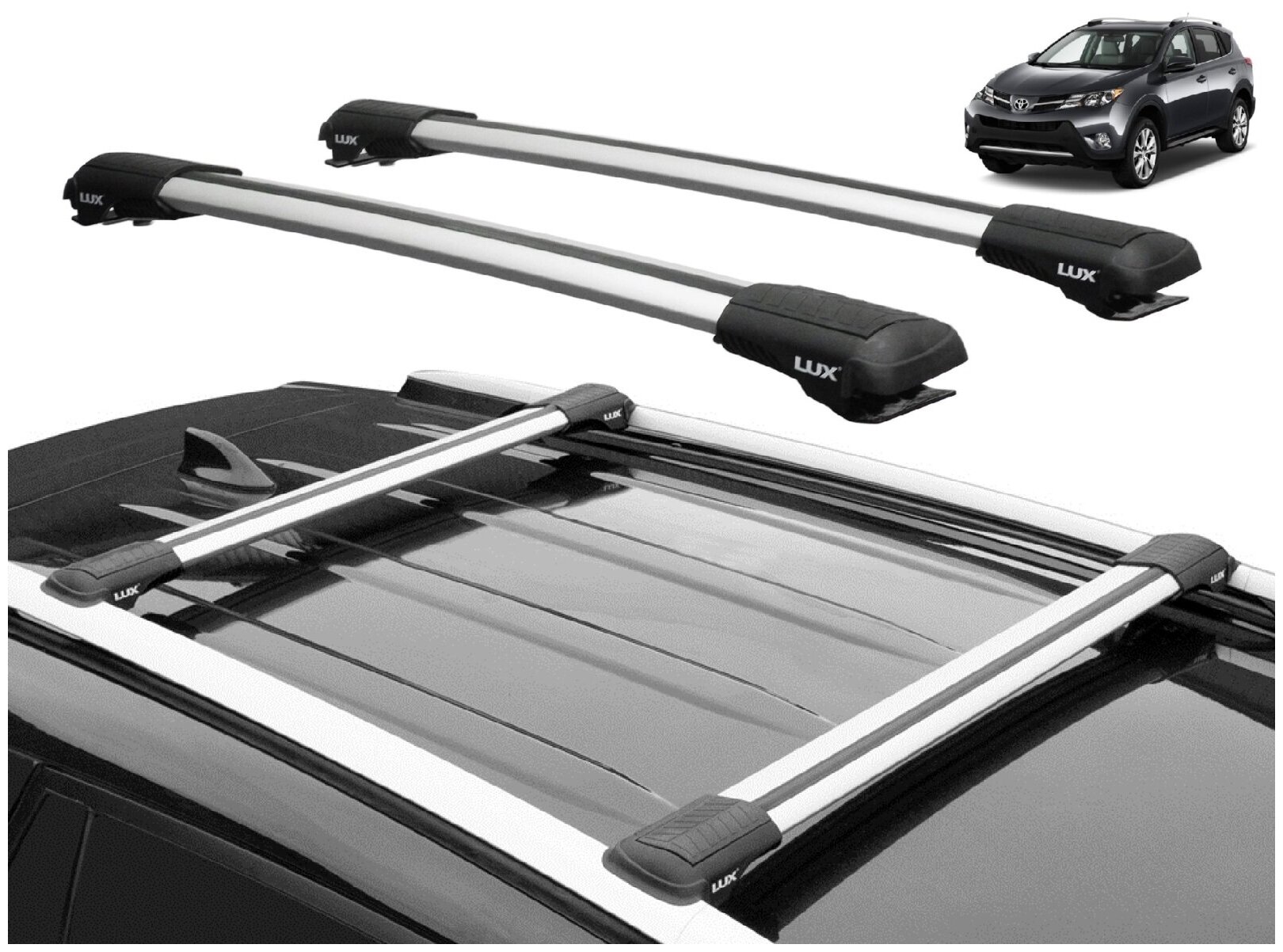 Багажник на рейлинги Тойота Рав4 (Toyota RAV 4 IV (CA40) 2012-2018) - Lux Hunter L54-R серебристые дуги