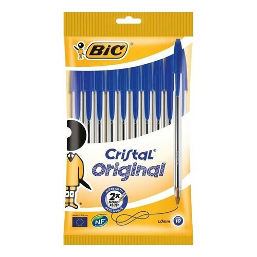 Ручки шариковые BIC Cristal Original набор 10 синие узел 1 мм линия письма 0 32 мм пакет, 2 шт