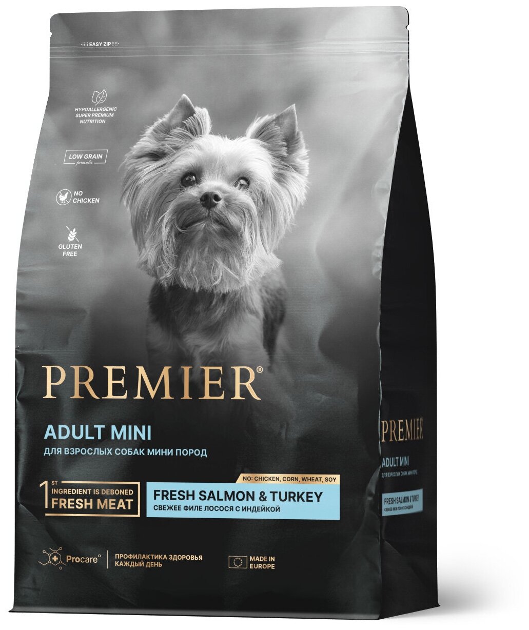 Сухой корм для собак Premier Dog Salmon&Turkey ADULT Mini (Свежее филе лосося с индейкой для собак мелких пород) 1 кг.