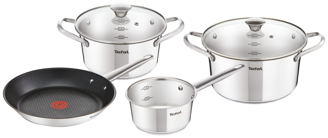 Набор посуды из нержавеющей стали Tefal Simpleo B815S614, 6 предметов, кастрюли, ковш и сковорода с толстым дном, для газовых, электрических и индукционных плит