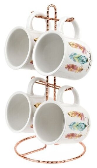 Набор кружек Nouvelle Перья 4 предмета 300 мл. c подставкой