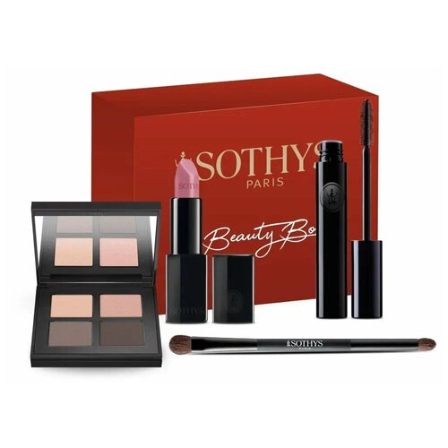 Sothys,Подарочный набор декоративной косметики Make-Up Box Идеальный нюдовый макияж 4 предмета (тушь для ресниц, палетка теней для век, двусторонняя кисть для нанесения теней, увлажняющая помада-бальзам для губ).