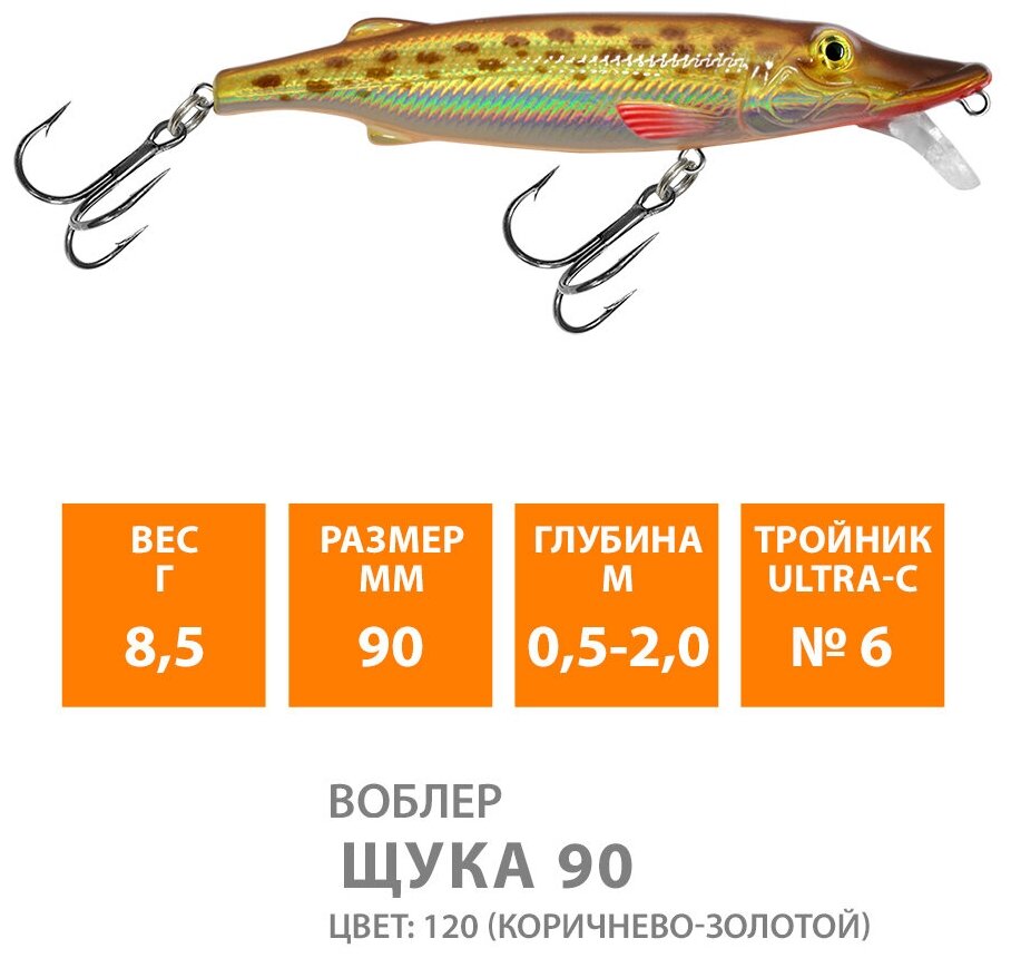 Воблер для рыбалки плавающий AQUA Щука 90mm 8,5g заглубление от 0,5 до 2m цвет 120