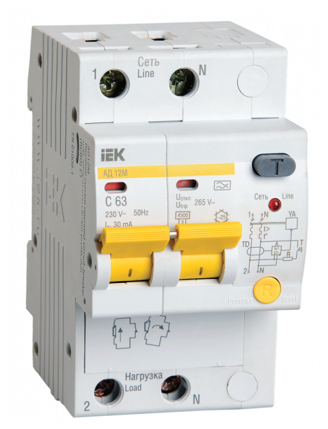 Выключатель автоматический дифференциальный АД12М 2п 10А C 30мА тип A (3 мод) | код. MAD12-2-010-C-030 | IEK (6шт. в упак.)