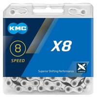 Цепь велосипедная KMC X8 Silver , 7/8 (21/24) скоростей, 114 звеньев, 1/2"x3/32", серебряная