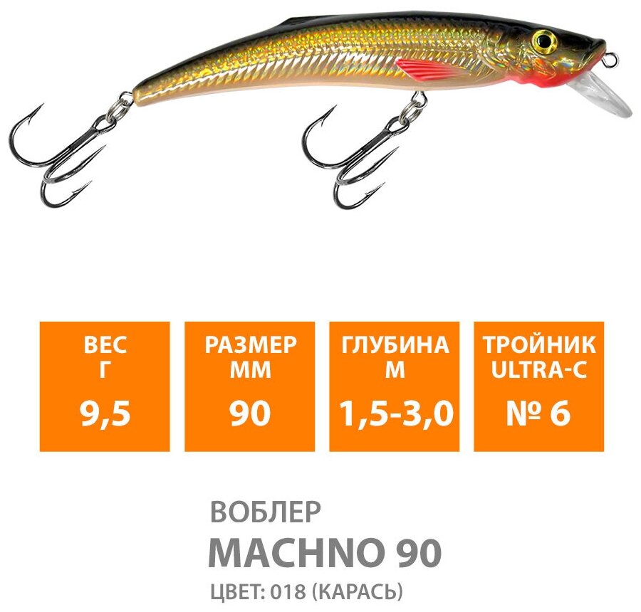 Воблер для рыбалки плавающий AQUA Machno 90mm 9.5g заглубление от 1.5 до 3m цвет 018