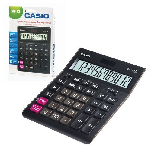 Калькулятор настольный CASIO GR-12-W (209х155 мм), 12 разрядов, двойное питание, черный, европодвес, GR-12-W-EP