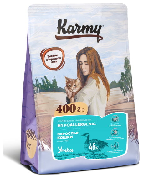 Корм сухой Karmy Hypoallergenic Утка для кошек, склонных к пищевой аллергии, 400 г.