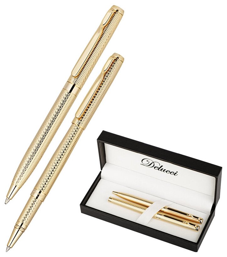 Набор Delucci "Celeste": ручка шарик, 1мм и ручка-роллер, 0,6мм, синие, корпус золото, подарочная упаковка