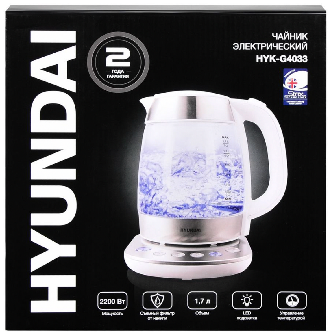 Чайник электрический Hyundai, чайник мощностью 2200Вт, чайник с выбором температуры воды, чайник объемом 1,7л, чайник бело-серебристого цвета - фотография № 9