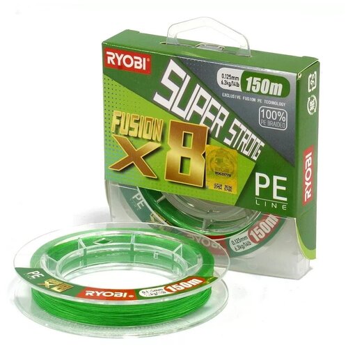 шнур ryobi pe green 275m d 0 23mm 12 77 кг Плетенка Ryoby Fusion X8 PE зеленая, 150 м, 0,125 мм, 0.6, 6,3 кг