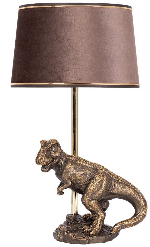 Настольная лампа Bogacho Динозавр Тирекс бронзовая с абажуром цвета кофе из велюра ручная работа