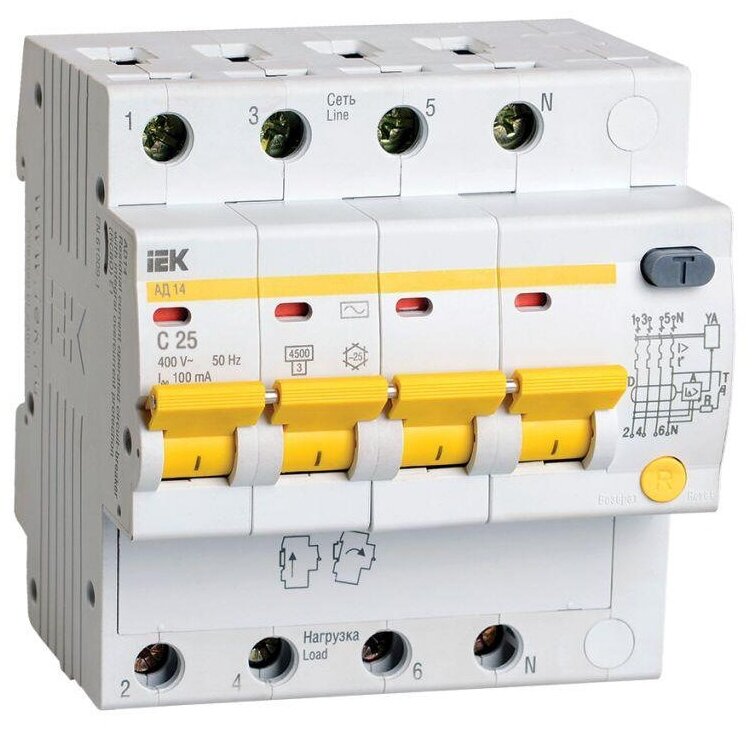 Выключатель автоматический дифференциального тока 4п C 25А 100мА тип AC 4.5кА АД-14, IEK MAD10-4-025-C-100 (1 шт.)