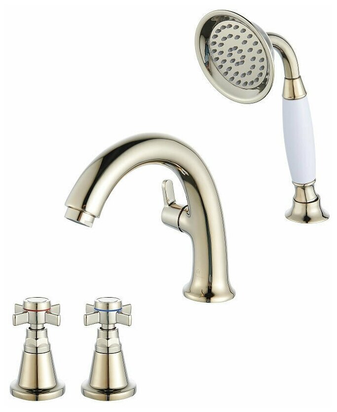 фото Смеситель с монтажом на борт акриловой ванны с выдвижной 2- функциональной лейкой, золотистый