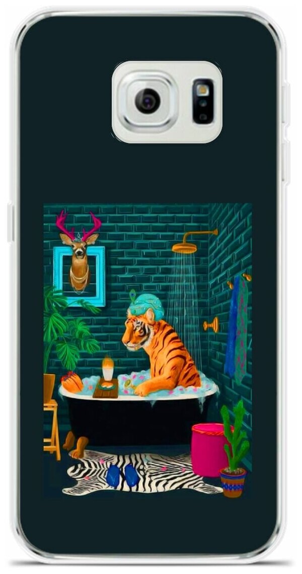 Силиконовый чехол на Samsung Galaxy S6 Edge Тигр в ванной / для Самсунг Галакси С6 Эдж