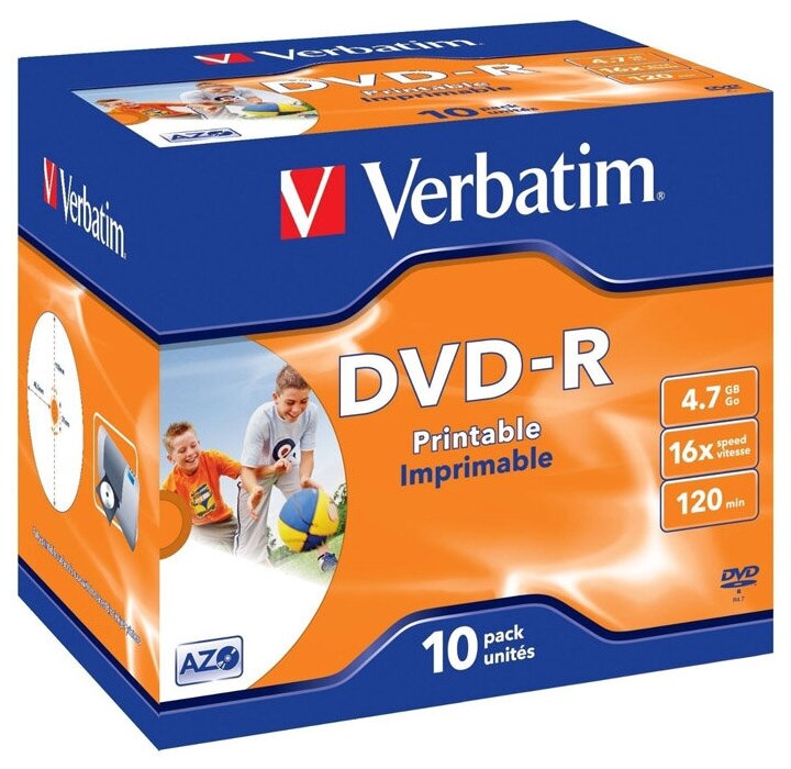 Оптический диск DVD-R диск Verbatim 4,7Gb 16x 10шт. Printable JewelCase (43521)