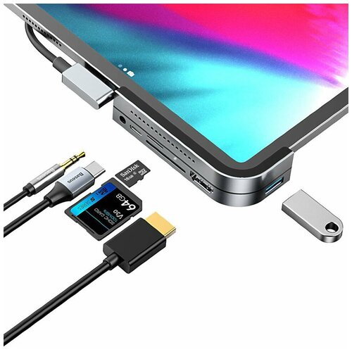 HUB адаптер BASEUS Band Angle No.7 (7-in-1) для iPad Pro, Разветвитель Type-C to USB3.0+PD+HDMI+SD/TF+USB-C+3.5 mm Audio, серый хаб usb baseus thunderbolt c dual type c usb 3 0 hdmi type c female hub converter deep space grey cahub b0g