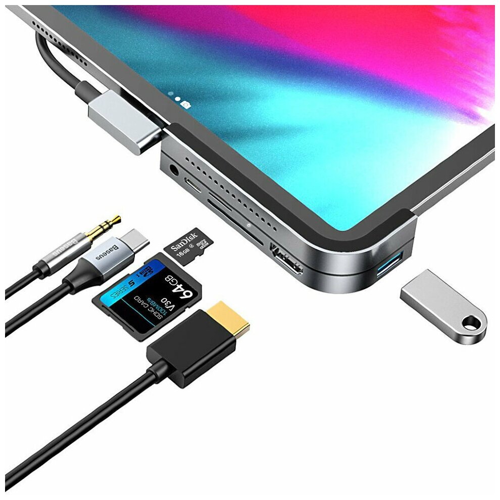 HUB адаптер BASEUS Band Angle No.7 (7-in-1) для iPad Pro Разветвитель Type-C to USB3.0+PD+HDMI+SD/TF+USB-C+3.5 mm Audio серый