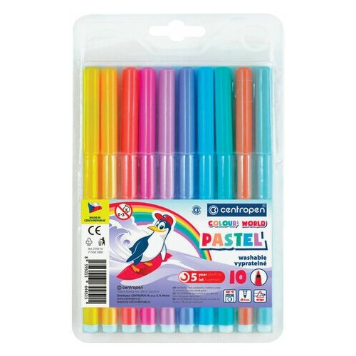 Фломастеры пастельные 10 цветов CENTROPEN Colour World Pastel смываемые 7550/10TP, 3 шт