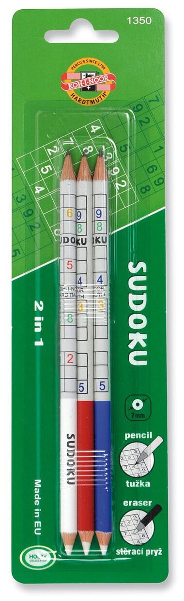 Карандаш чернографитный Koh-I-Noor Sudoku 1350 1350003001BLRU 2мм 2B круглый блистер (1 штука) ластик 3 карандаша