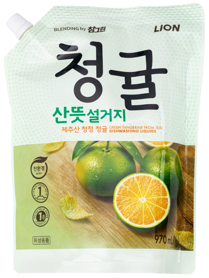 Lion Chamgreen Средство для мытья посуды, овощей и фруктов Зеленый цитрус 970 мл в мягкой упаковке