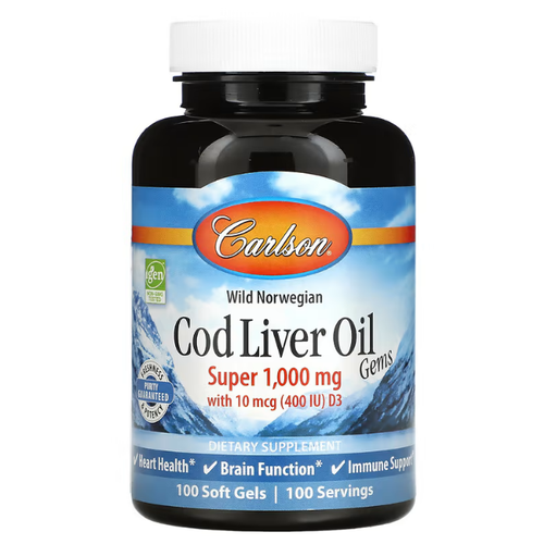 Carlson Labs Cod Liver Oil Gems, Super 1000 mg (Норвежская масло из печени трески) - 100 капс.