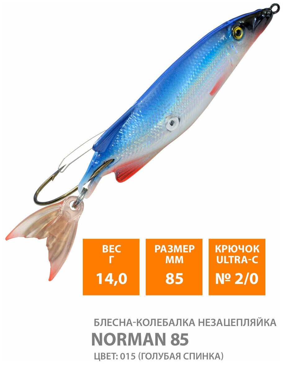 Блесна колебалка незацепляйка для рыбалки AQUA Norman 85mm 14g цвет 015