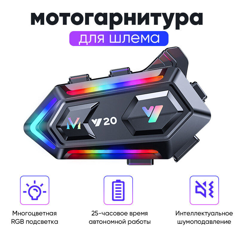Y20 Bluetooth-гарнитура для шлема, красочная подсветка RGB, сабвуфер, батарея емкостью 1000 мАч, Bluetooth 5.3, подходит для различных типов шлемов, представленных на рынке