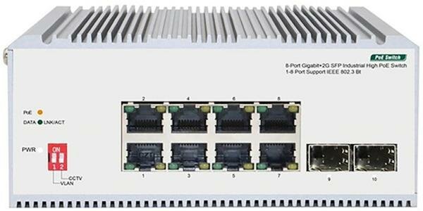 Unmanaged Industrial Switch 8x1000Base-T PoE, 2x1000Base-X SFP, PoE Budget 185W, Surge 4KV, -40 to 75°C