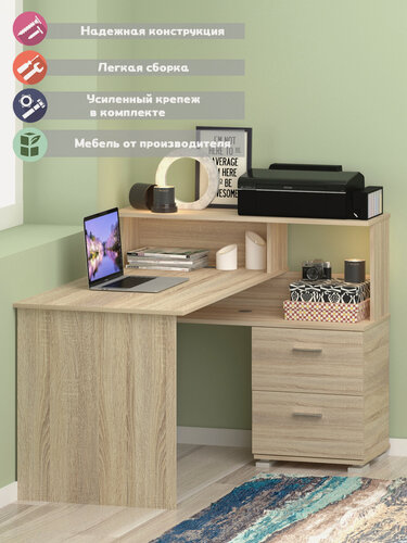 Изображение товара Компьютерный, Письменный стол Финн, угловой, с ящиками, сонома, 105x135x91 см