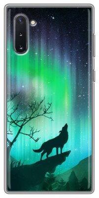 Дизайнерский силиконовый чехол для Самсунг Гэлакси Ноут 10 / Samsung Galaxy Note 10 Северное сияние и волк