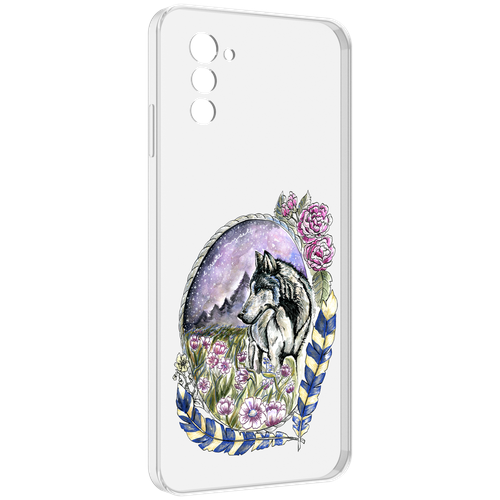 Чехол MyPads нарисованный волк в цветах с перьями для UleFone Note 12 / Note 12P задняя-панель-накладка-бампер