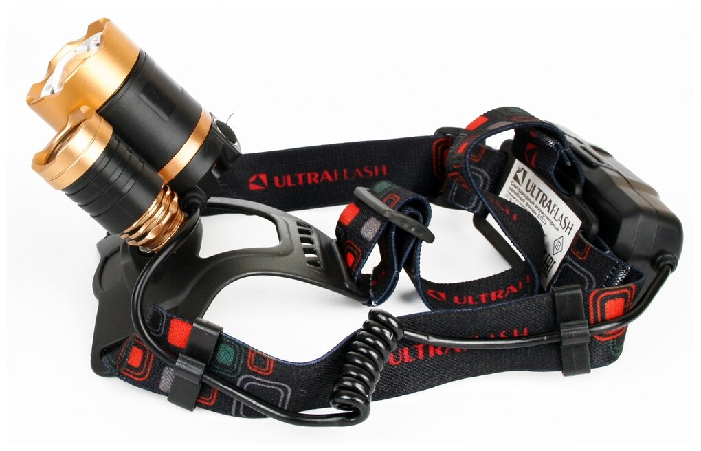 Ultraflash E1333 (фонарь налоб акк 3,7В, золото /черный, 3LED, 4 Ватт, фокус, 2 ак 4 реж, метал, - фото №2