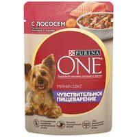 PURINA ONE мини чувствительное пищеварение для взрослых собак маленьких пород с лососем, рисом и морковью в подливе (85 гр х 26 шт)