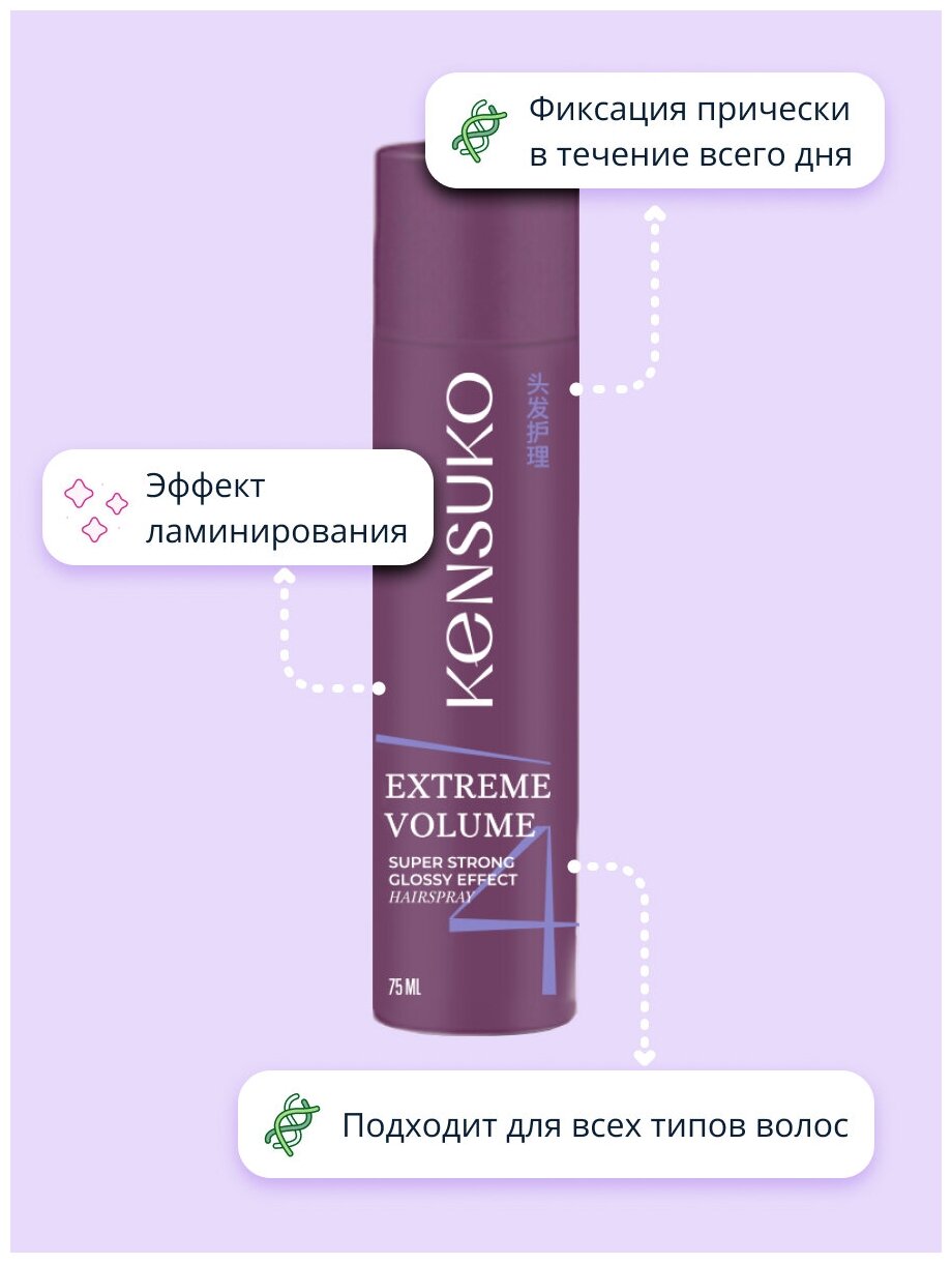 Лак для волос KENSUKO EXTREME Сверхсильная фиксация (с эффектом блеска) 75 мл