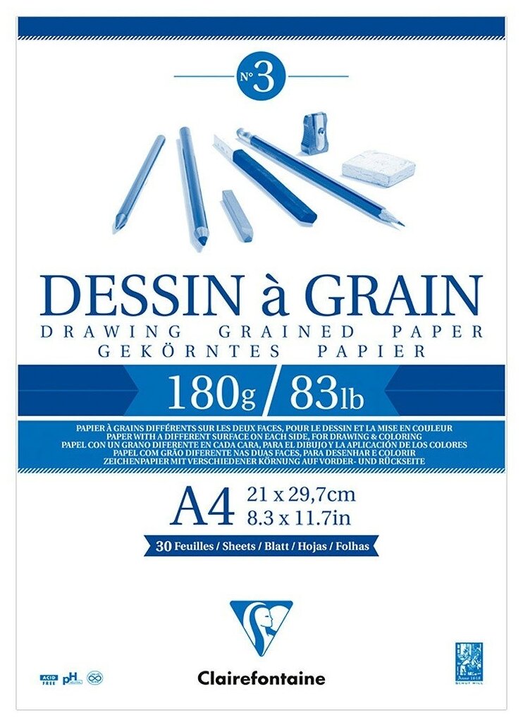 Бумага для графики Clairefontaine Скетчбук-альбом "Dessin a Grain" А4 180г/м2, 30л, мелкозерн, Clairefontaine, склейка